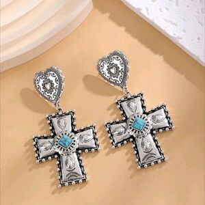 Vintage Silver and Turquoise Cross Earrings Bohemian/Western Style